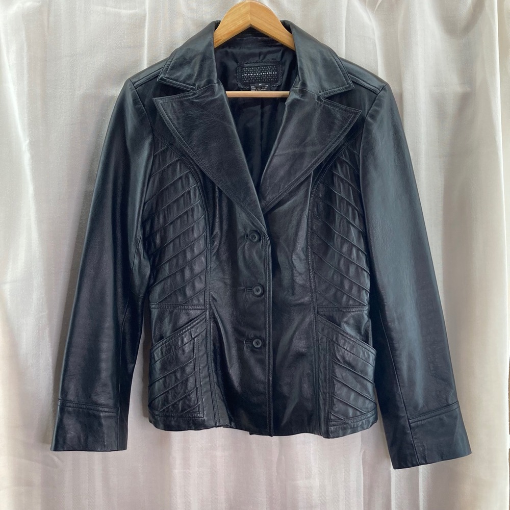 Womens Black‎ Leather Blazer Jacket Size Medium Tailored Fit Button Front